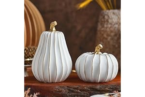 FESTGLOX Pumpkin Fall Decor, White and Gold Pumpkins for Decorating Thanksgiving Table Centerpieces, Artificial Resin Pumpkins Decor for Mantel, Harvest Autumn Tabletop Decoration