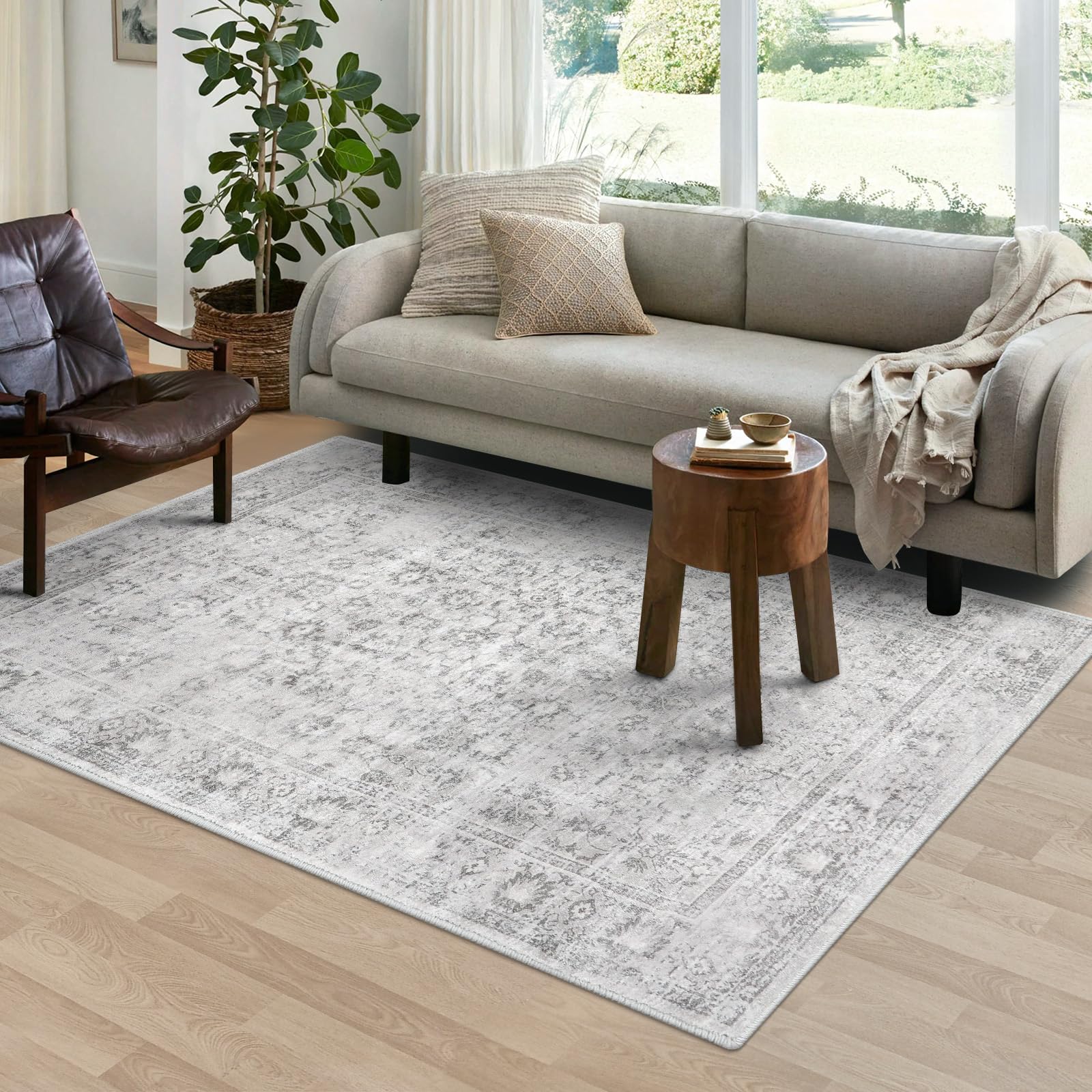 Photo 1 of LIVEBOX Washable Area Rug 4x6 - Boho Oriental Low-Pile Indoor for Living Room, Bedroom, Dining Room, Office - Foldable Gray No-Shedding for Camper, Foyer