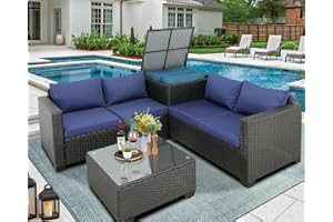 Furnimy Outdoor PE Wicker Patio Furniture Set Rattan Sectional Loveseat Couch Set Conversation Sofa with Storage Box Glass Top Table for Balcony Lawn and Garden (Expresso-Navy, Couch Set)