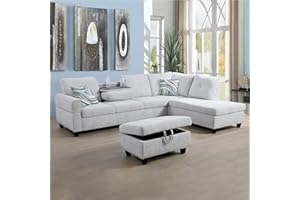 UBGO Living Room Furniture, 3-Piece Sectional Set with 2 Cup Holder,L-Shape Chaise Lounge & Storage Ottoman,Sofas & Couches for Small Space Apartments-Grey White (Right Hand Facing)