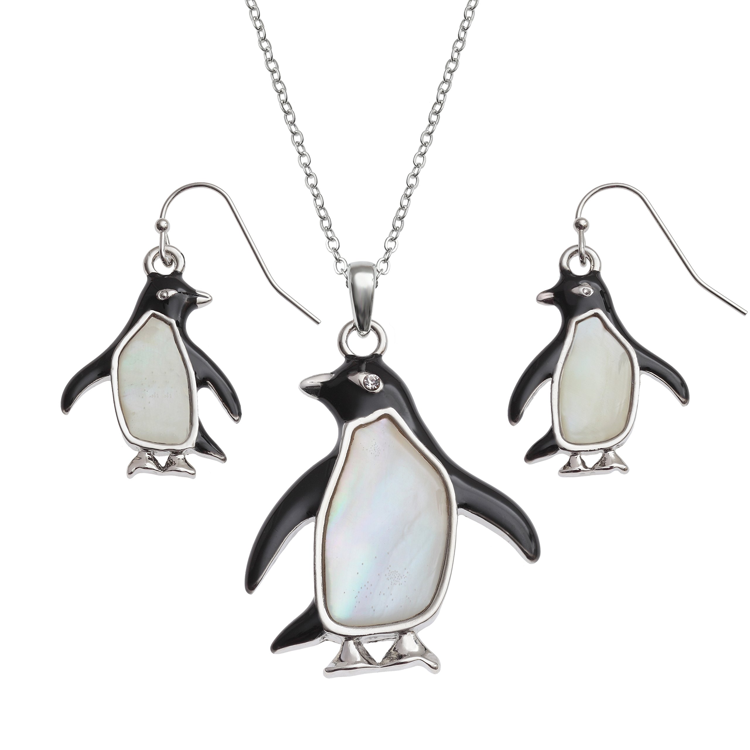 Kiara Jewellery Penguin Boxed Set of Pendant Inlaid With Mother of Pearl on 18" Trace Chain Together With Matching Hypoallergenic Rhodium plated Earrings.