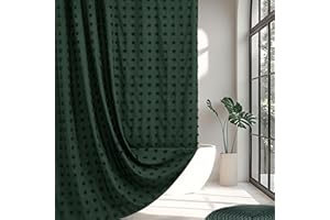 SIILUMINISOY Boho Farmhouse Dark Green Shower Curtain Woven Fabric Shower Curtain, 72 x 72 Tufted Pleat Floral Puffs Textured Modern Farmhouse Minimalist Hunter Green Shower Curtain Set with Hooks for Bathroom