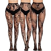 A+ Choice 3 Pairs Goth Tights for Women - Black Skull Spider Fishnet Leggings Sheer Mesh Stockings Halloween Rave Costume