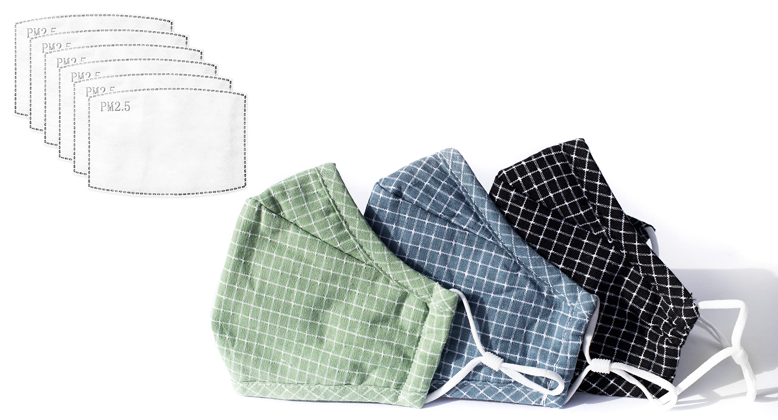 Habac Studio Pack of 3 Face Masks + 6 PCS PM 2.5 FILTERS Face Mask Cover Bandana Balaclavas Face Masks Washable UK Reusable Face Mask Black Face Masks Nose Wire (Checks)