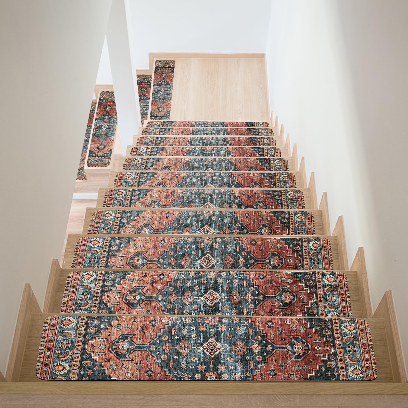 Photo 1 of HOMBYS Non-Slip Carpet Stair Treads for Wooden Steps Set of 15, 30"X8" Indoor Stair Runner Extra Slip Resistant Stair Rugs Rubber Safety Mats, Stairway Grip Step Treads RED&Blue