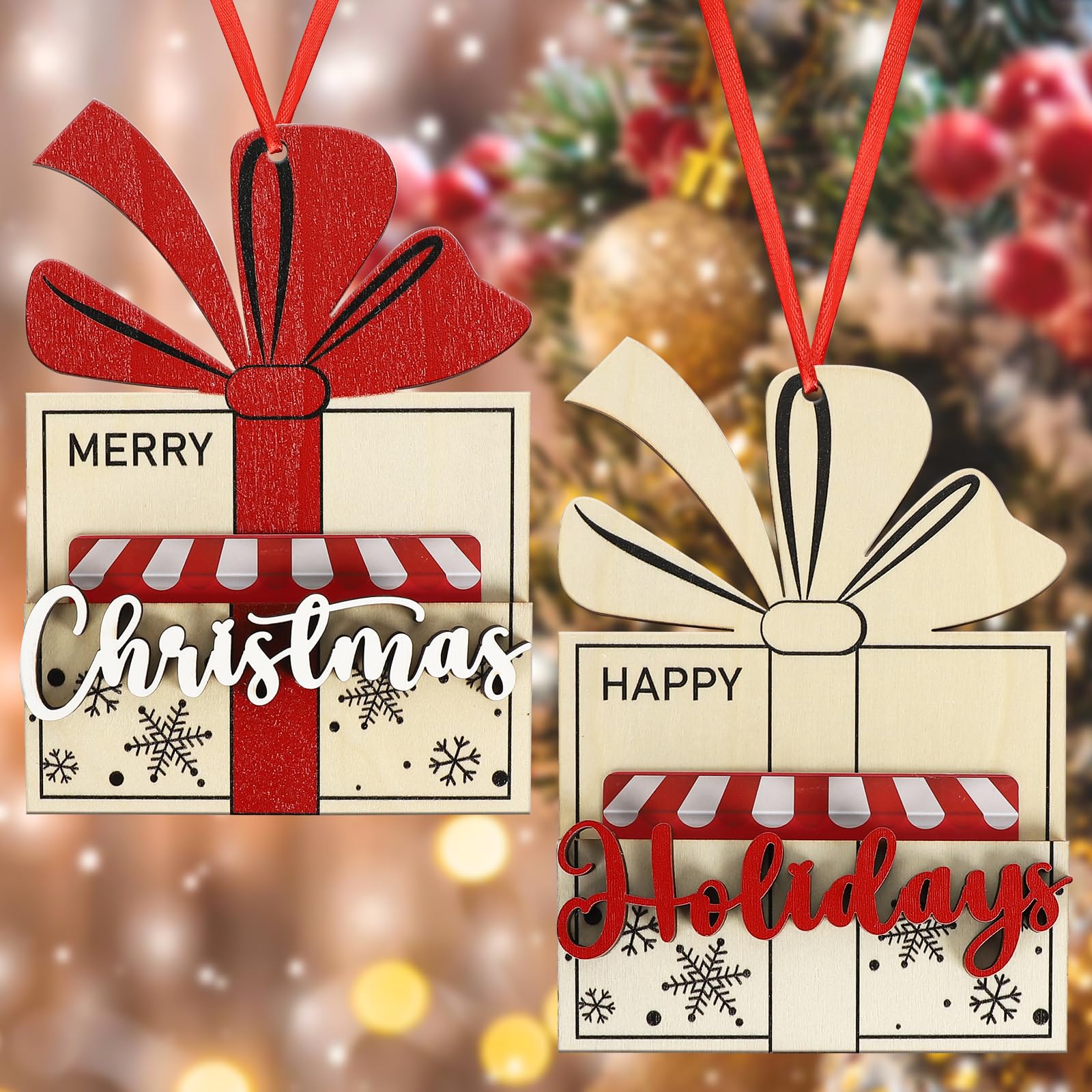 Photo 1 of 2 Pcs Christmas Card Holder Wooden Gift Box Shape Money and Card Holder Christmas Tree Ornaments for Winter Holiday Party Supplies (Gift)