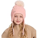 ZLYC Kids Girls Boys Winter Hats Cotton Lined Pom Pom Beanie Earflap Knitted Cap