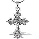 Aqua79 Silver Fleur De Lis Cross Sparkling Crystal Pendant Necklace - Cute Necklace with Fleur De Lis Cross Charm Sparkly Jewelry, Elegant Silver Charm Necklace - 18 Inch