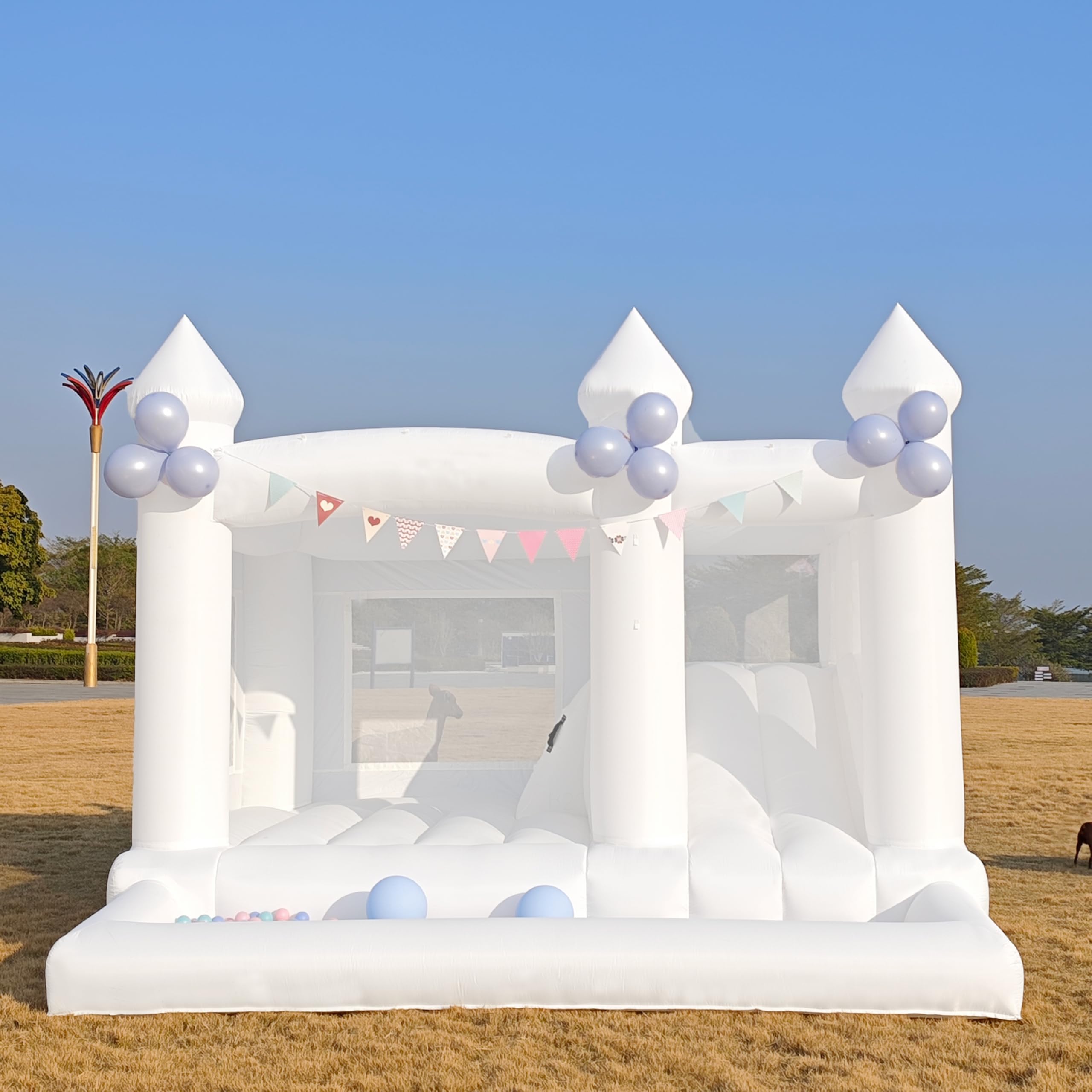 Photo 1 of 13FTx13FT Oxford White Inflatable Bounce House Big Castle with Ball Pit and Slide Bounce House for Kids 3-12 Indoor and Outdoor Bouncing Castles with Hair Dryers Birthday Parties Wedding Decorations