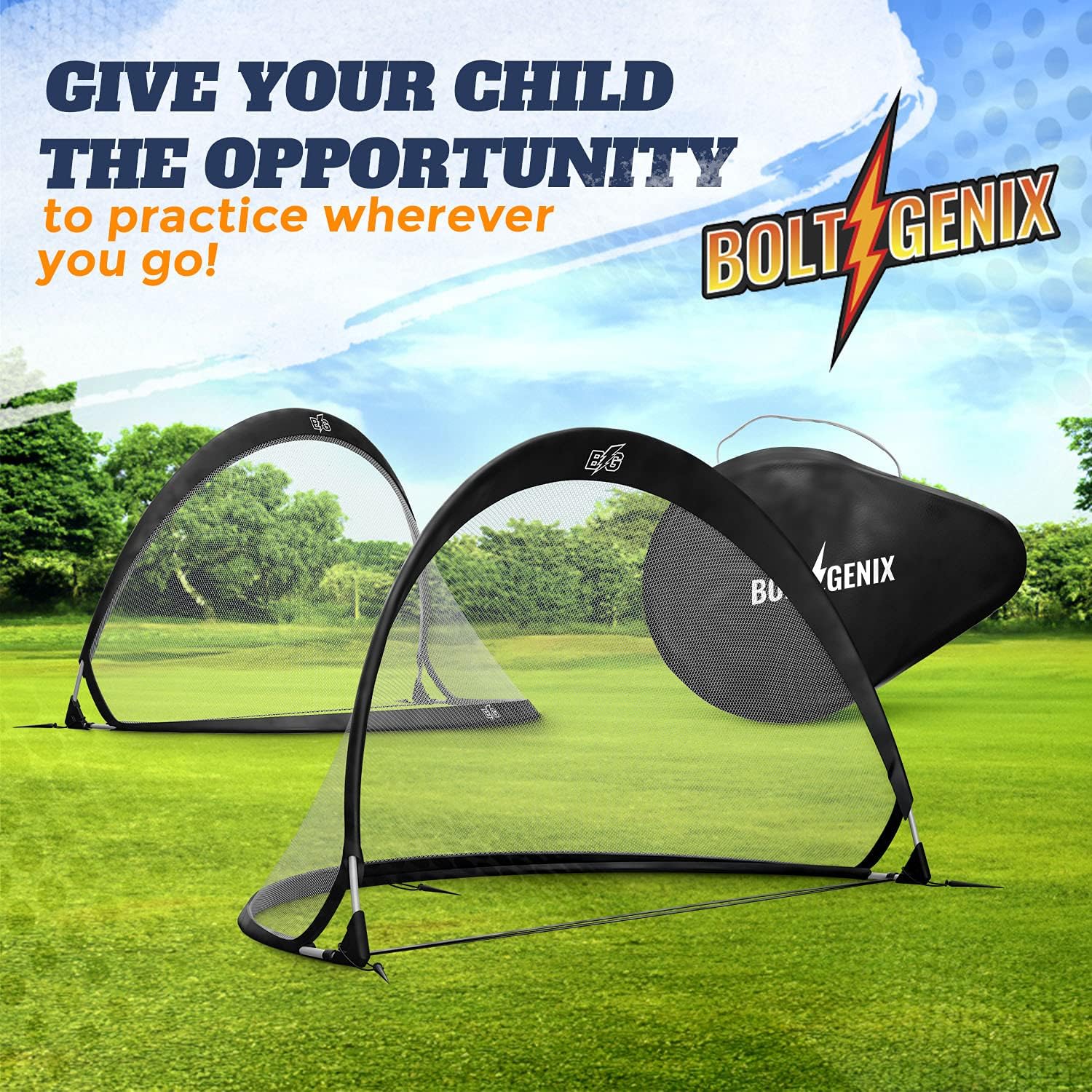 Bolt Genix Small Portable Soccer Goals - Pop Up Goals Set of 2 | Made for Toddlers, Teenagers and Pros | Works on Concrete, Carpet, Grass, Sand, and Turf | All Weather Durability - Easily Pack and Store : Sports & Outdoors