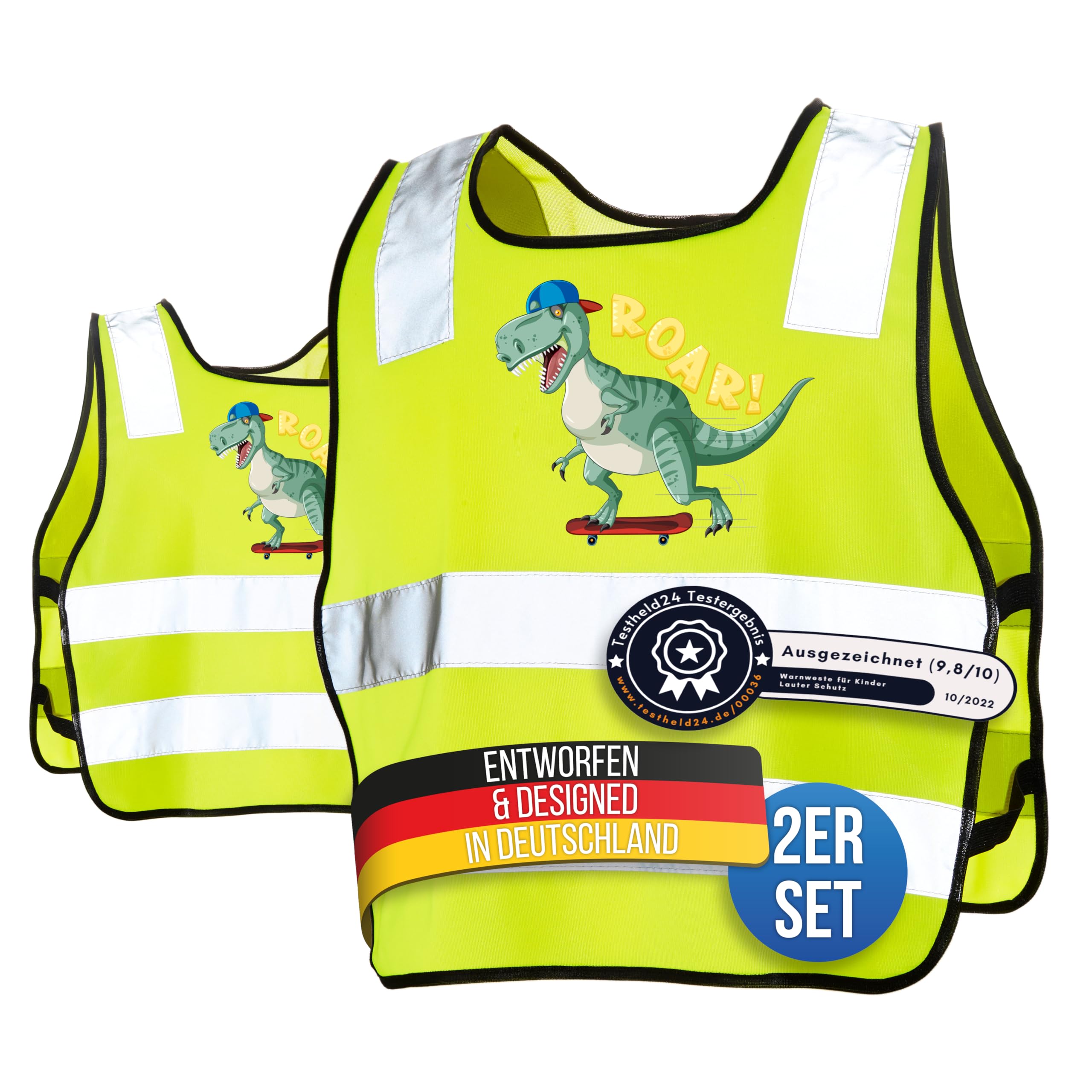 LauterSchutz® Safety Vest [Pack of 2] for Children (5-12 Years) for Better Visibility Day and Night on the Way to School, Cycling, Sports and Road Traffic (Dinosaure)
