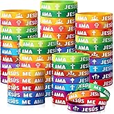 PullCrease 100 Pcs Spanish Jesus Loves Me Wristbands Bulk 10 Styles Rainbow Jesus Me Ama Religious Wristbands Christian Cross Silicone Gift for Missionaries Religious Christian Church Giveaways Group