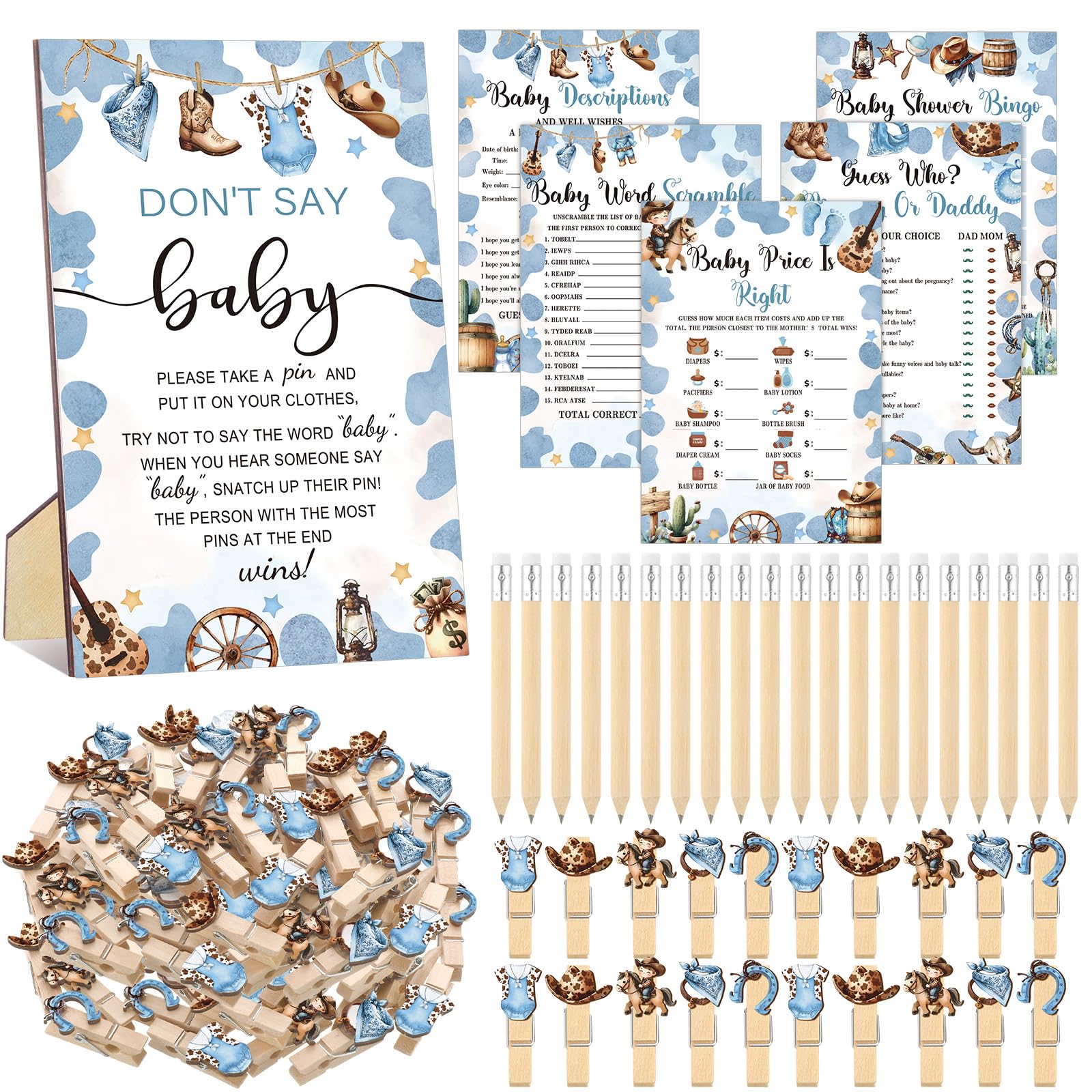 Photo 1 of ***MISSING PIECES***Patelai 321 Pcs Cowboy Baby Shower Games Supply for Girl or Boy 5 Set Include 50 Activity Cards 20 Pencils 1 Don't Say Baby Sign 50 Clothespins for Price Is Right Prediction Bingo Game Party Decor