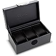 Glenor Co Travel Watch Case - 3 Slot Box for Mens Watches, Men's Watch Holder Boasts Metal Buckle, Carbon Fiber Design, Secured Velcro Closure & Leather Pillows, Small for Traveling - Black