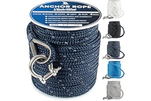 VEITHI Anchor Rope 100 ft x 3/8 inch Navy Blue, Double Braided Anchor Line with Stainless Steel Thimble & Shackle, Boat Rope with Reflective Strip Ideal for Mooring,Anchoring,for Boats Up to 27'