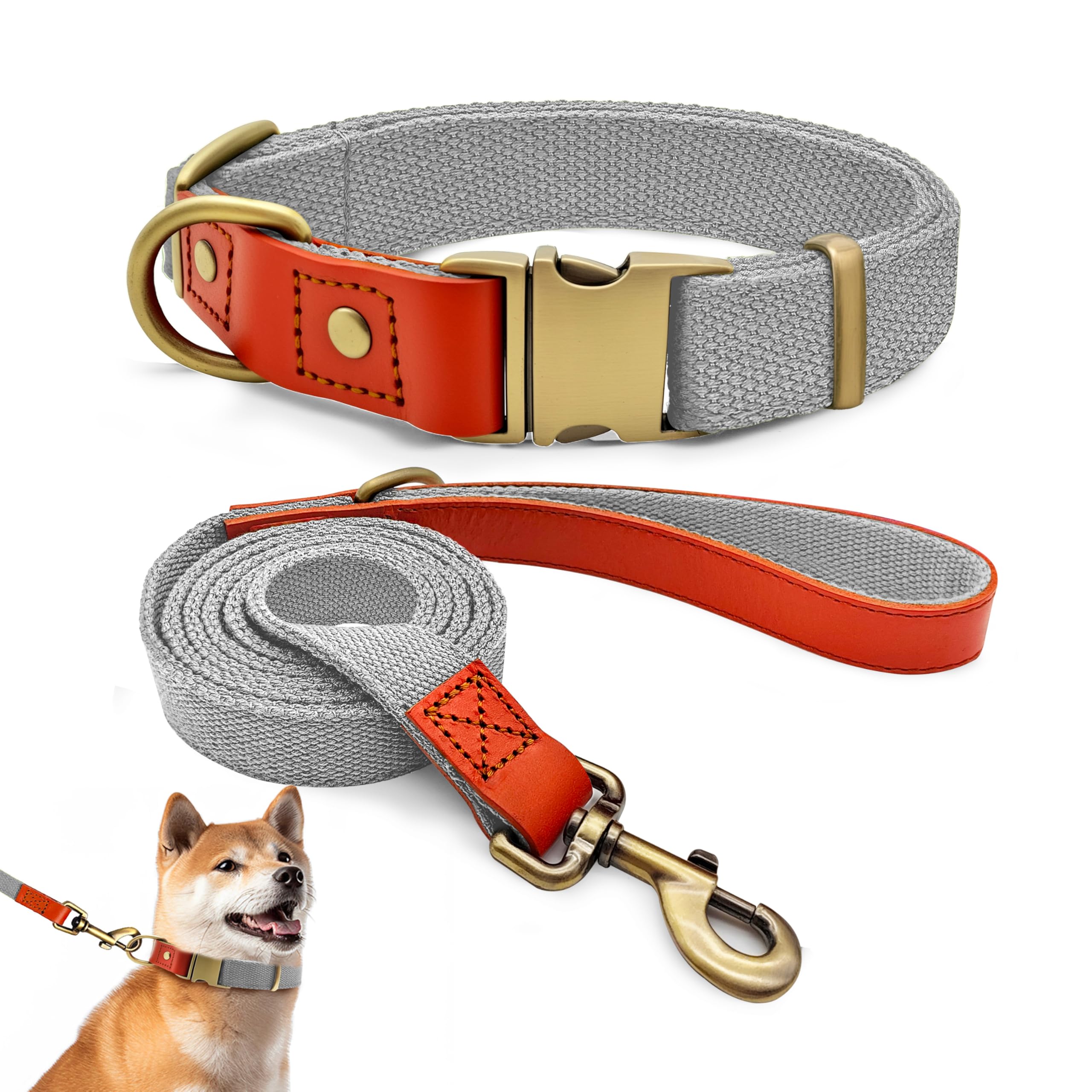 QRDA Dog Collar and Lead Set Silver Grey Personalized Collar Adjustable Tactical Belt for Small Dogs Medium Large Dogs, L