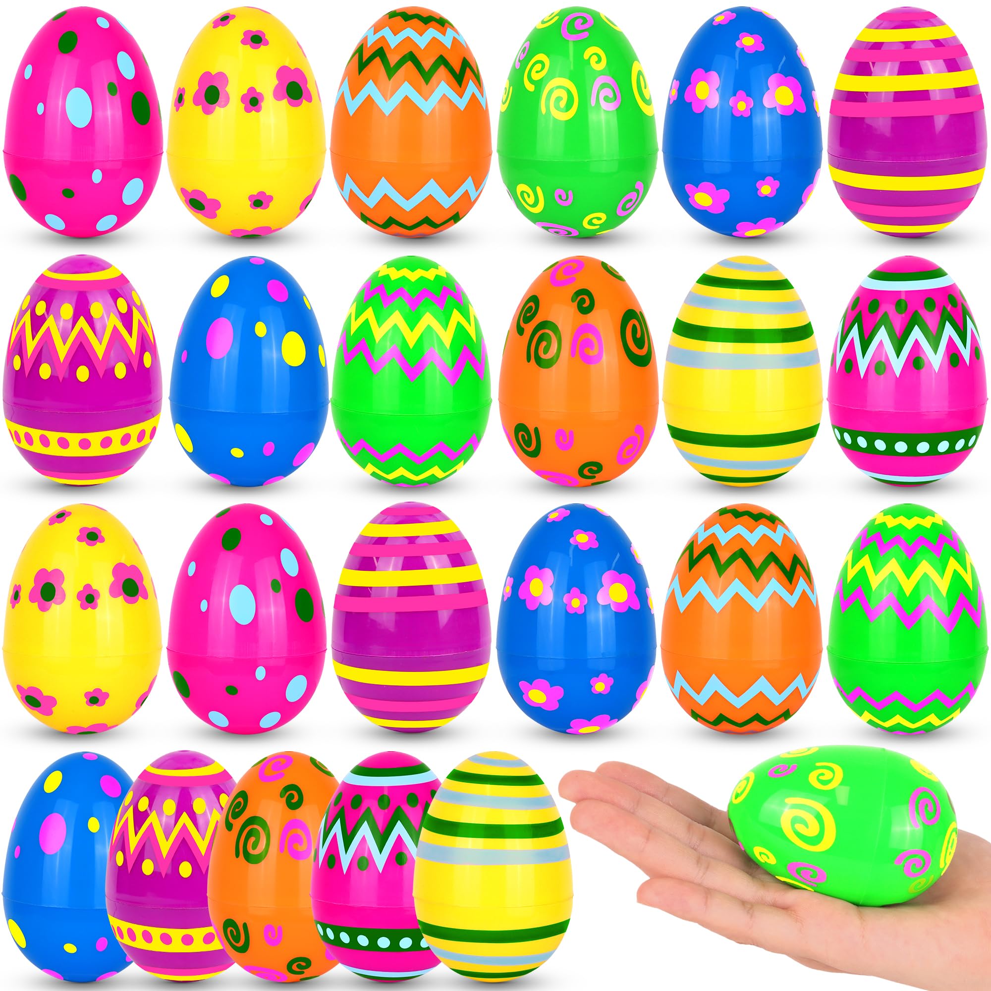 NAWITDA 24 Pack 3 Inch Large Plastic Printed Easter Eggs, Empty Fillable Eggs Bulk for Easter Egg Hunt, Easter Basket Stuffers Fillers, Classroom Prize Supplies, Filling Treats and Party Favors
