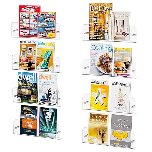 Lifewit Magazine Shelves for Wall, 15" Clear Floating Shelves, 4.5" Raised Document Holder, Kids Bookshelf for Nursery, Living Room, Resturant,8 Pack
