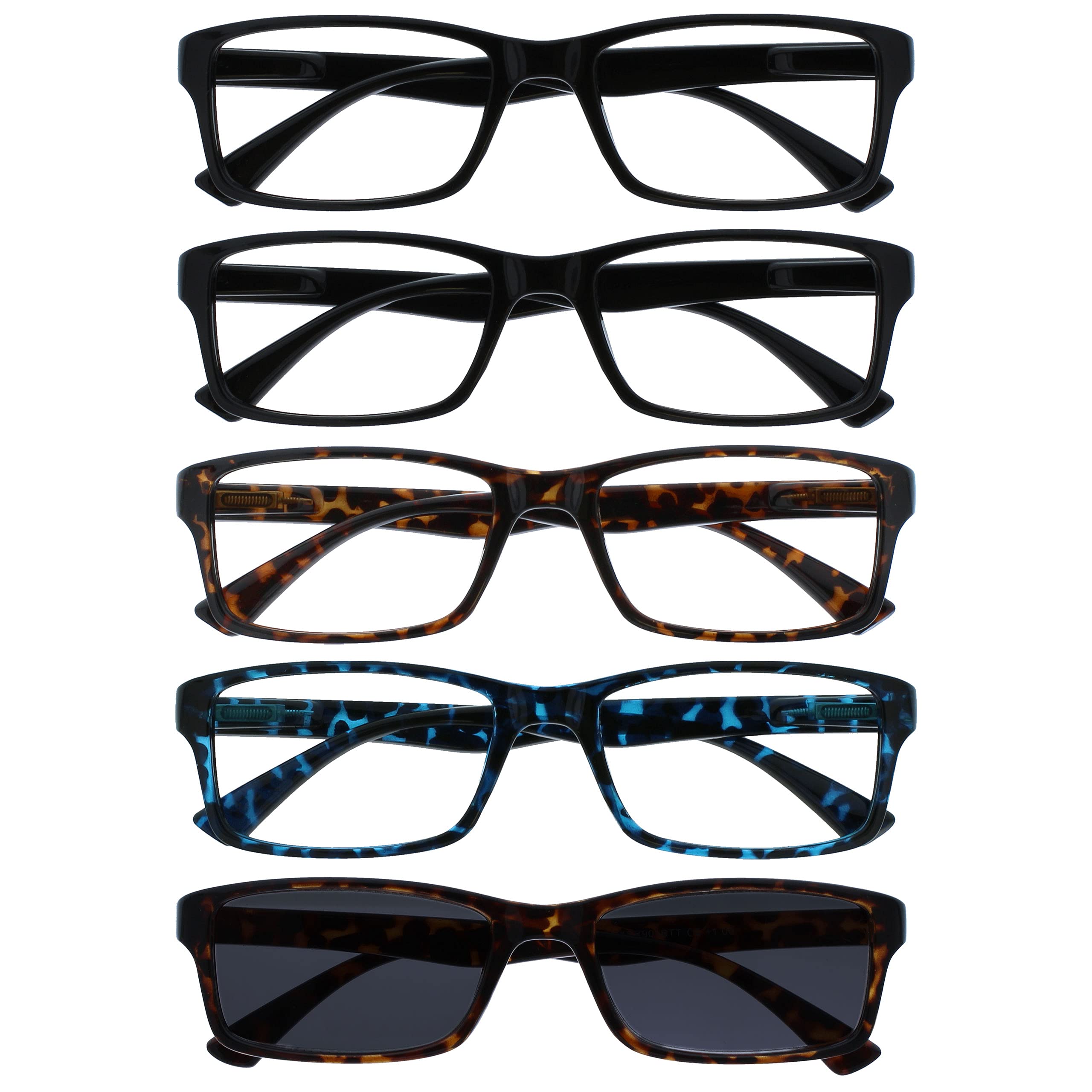 OPULIZE PEP Reading Glasses for Women Men, Large Rectangular Designer Frame with Spring Hinges, Scratch Resistant, Black, Brown, Blue, Brown Sun +1 (Pack of 5) — image 1