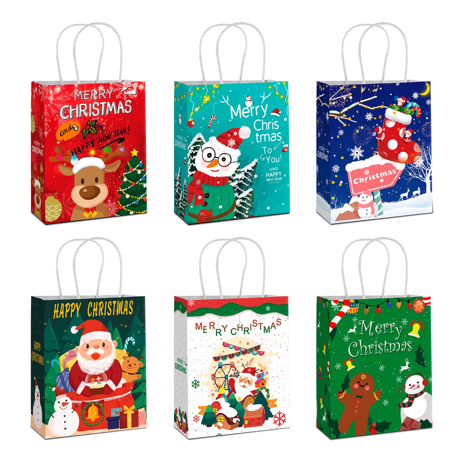 AUERVO 24 PCS Xmas Kraft Party Bags with Handles, 6 Christmas Elements Themed Design for Christmas Party Decorations