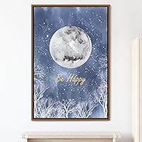 SIGNWIN Framed Canvas Wall Art Sparkle Gold Be Happy with White, Blue Moon Astronomy & Space Cosmic Watercolor Abstract Modern Scenic Relax/Calm for Living Room, Bedroom, Office - 16