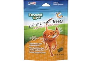 EMERALD PET Feline Dental Treats — Tasty and Crunchy Cat Dental Treats Grain Free — Natural Dental Treats to Clean Cat Teeth, Freshen Cat Breath, and Reduce Plaque and Tartar Buildup — Chicken Treats, 3 oz