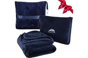 BlueHills Premium Soft Travel Blanket Pillow Airplane Blanket Packed in Soft Bag Pillowcase with Hand Luggage Belt Compact Pack Large Long Flight Essentials Portable Navy Blue T002