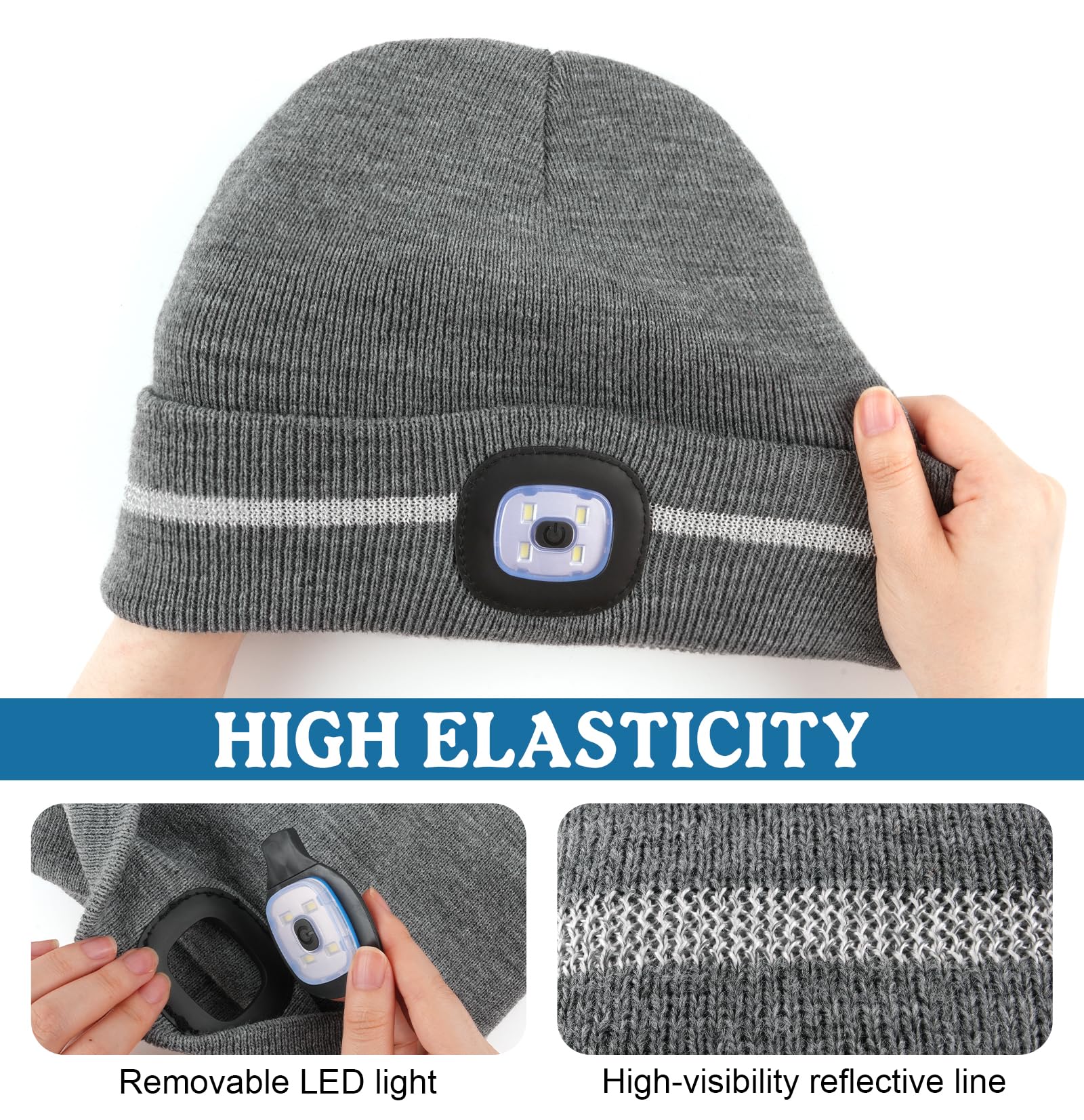 MELASA Reflective Stripe LED Beanie Safety High Visibility Winter Hat with Light for Outdoor Work Sports Gifts for Men Dad