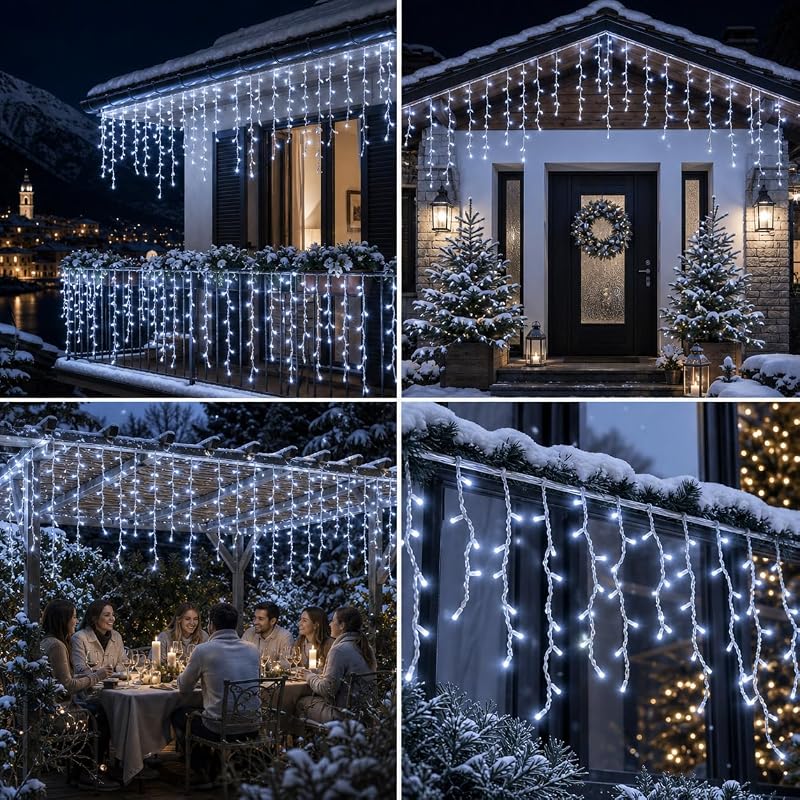 Guirlande Noël Exterieur 10m 400 LED, Rideau Lumineux Exterieur Blanc Froid,8 Modes avec Télécommande RF, Minuterie, 4 Niveaux de Luminosité, Idéal pour Jardin, Patio, Fête Noël [Classe énergétique E] — photo 7 sur 7