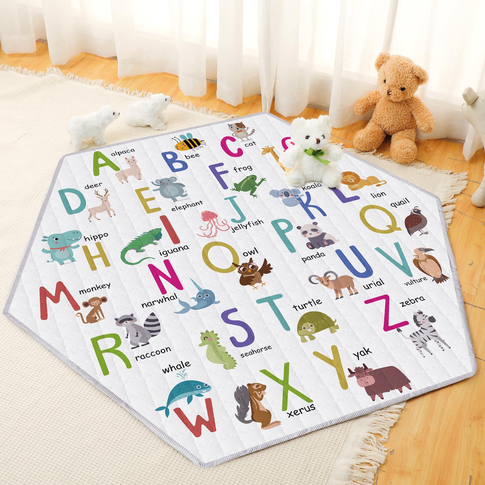 Photo 1 of Funtery Woodland Animals Hexagon Playpen Mat Baby Play Mat Foldable Soft Nursery Rug Portable Baby Playmat Washable Comfortable Hexagon Playpen Mattress for Floor Activity Room Indoor Outdoor (Fresh)