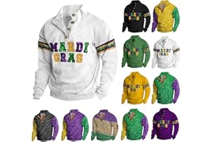 QWENTMTNTY Mardi Gras Shirt for Men Long Sleeve Casual Loose Henley Sweatshirts Pullover Big Tall Buttons Holiday Sequin Top