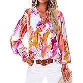 MASCOMODA Womens V Neck Floral Long Sleeve Tops 2026 Summer Casual Loose Puff Sleeve Chiffon Boho Work Blouse Dressy T Shirts