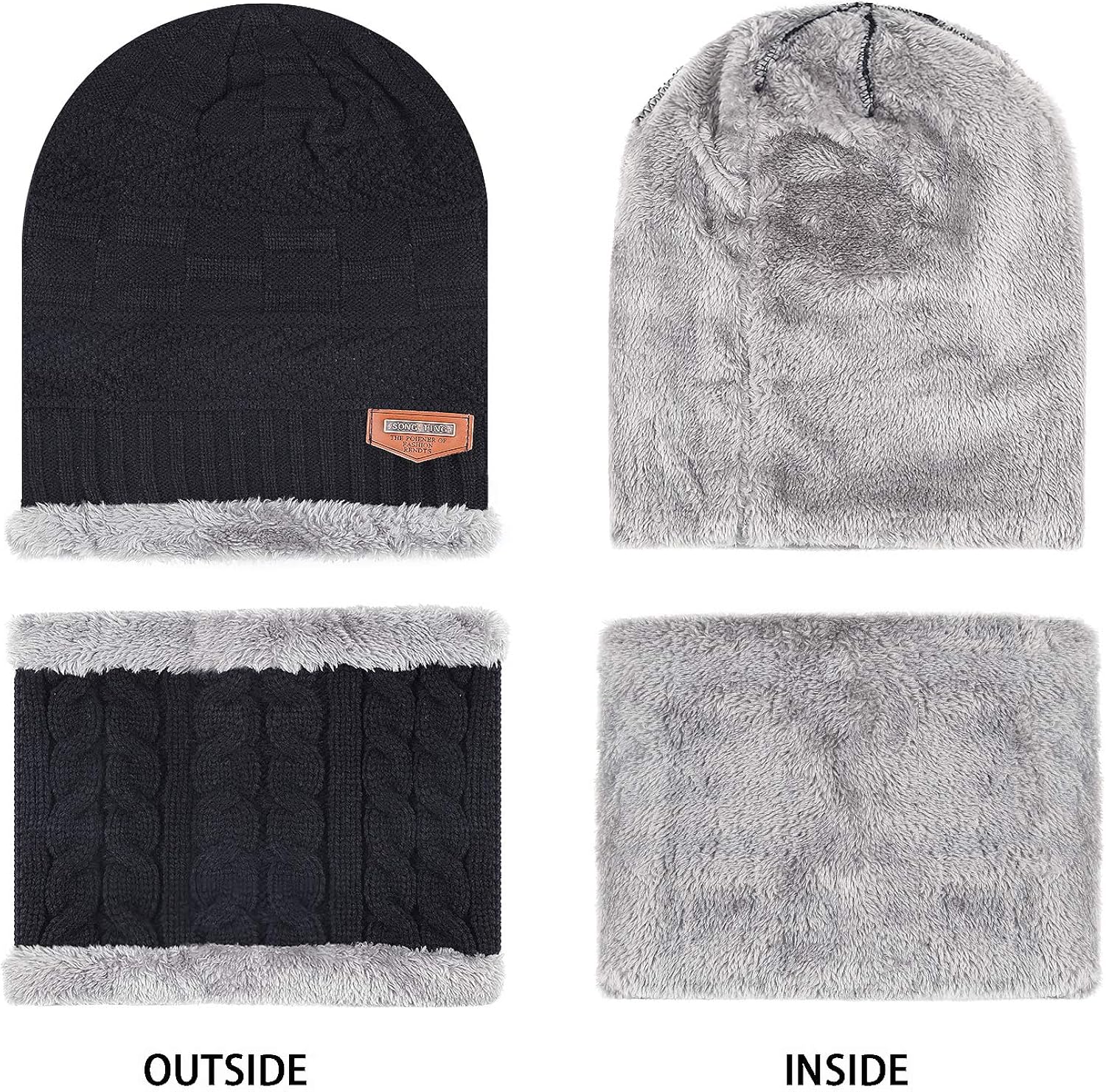 Men's 2-Pieces Winter Beanie Hat Scarf Set Warm Knit Hat Thick Fleece Lined Winter Cap Scarves for Men Women Black at  Men’s Clothing store