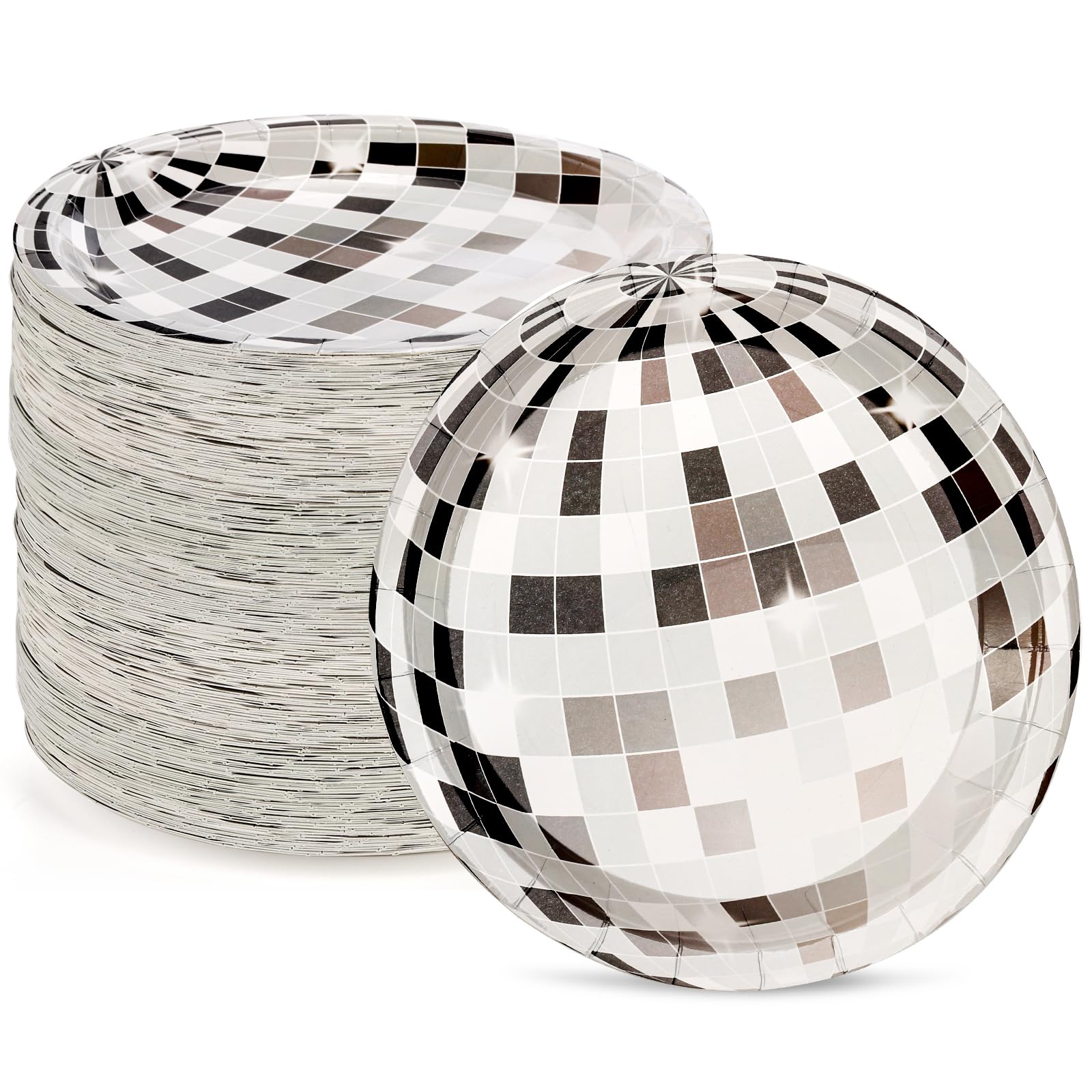 Suwimut 120 Pack Silver Disco Ball Paper Dinner Plates, 23cm/9 inch, for Wedding, Bachelorette Party and 70s Groovy Decorations