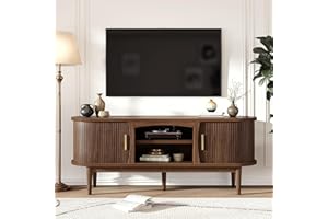 Decofy Mid Century TV Stand for TVs up to 65 Inches, Entertainment Center with Storage, Power Outlet, Fluted Sliding Doors & Adjustable Shelves, Modern Media TV Console Table for Living Room (Walnut)