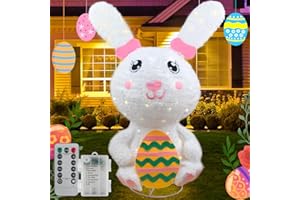 XTF2015 Easter Bunny Decoration Outdoor Indoor, 4FT Collapsible Easter Egg Rabbit Lights with Remote Control 60 LEDs 8 Modes Cute Metal Stand Bunny for Kids Gift Front Door Garden Lawn Patio Decor