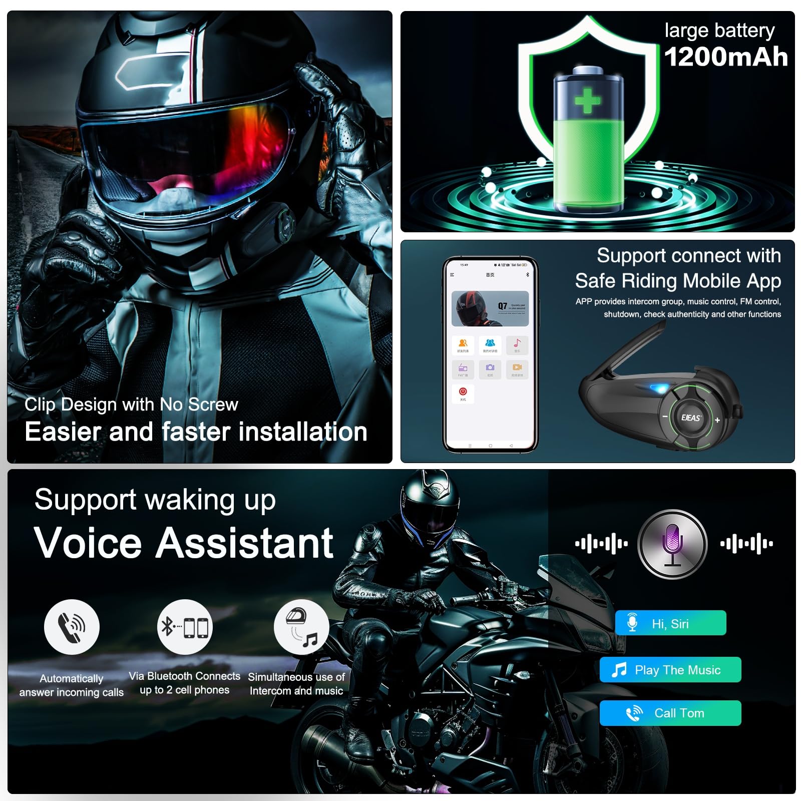 EJEAS Q8 1PC Motorcycle Bluetooth Headset, Upgraded Mesh 3.0 Intercom System with Music Sharing and IP67 Waterproof for 6 Riders Group Talking