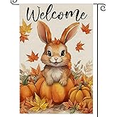 Welcome Fall Garden Flag Cute Rabbit Small Flags for Outside, 12x18 Inch Pumpkin Double Sided Burlap Autumn Maple Leaves Thanksgiving Harvest Outdoor Yard Lawn Decoration