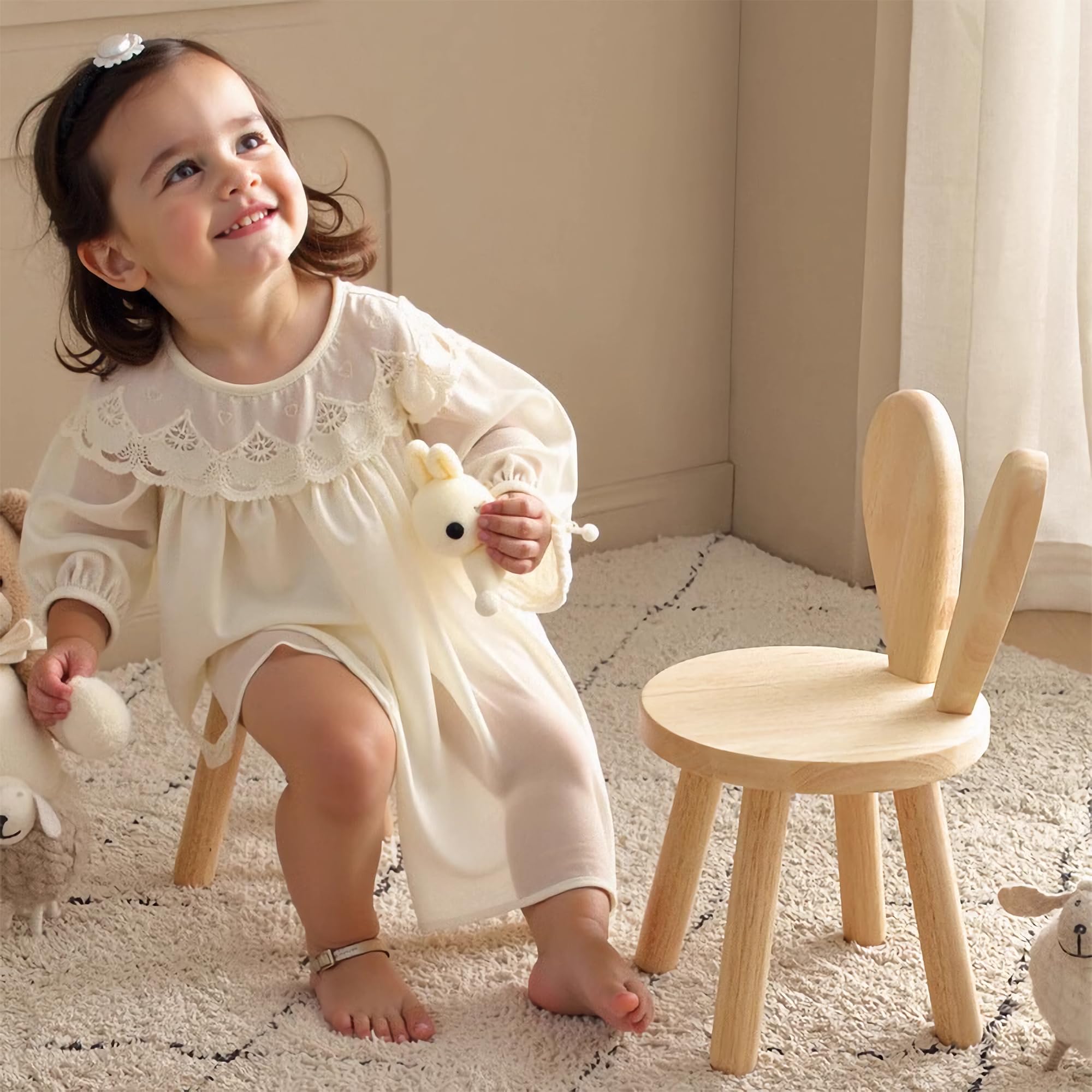 Photo 1 of ****NOT RABBIT EARS/ BASIC STOOL**** Solid Wood Rabbit Chair Cute Multi Functional Sturdy Rubber Wood Chair for Living Room Bedroom Playroom Easy Assembly Comfortable Safe Design (No Hair, Rabbit Stool)