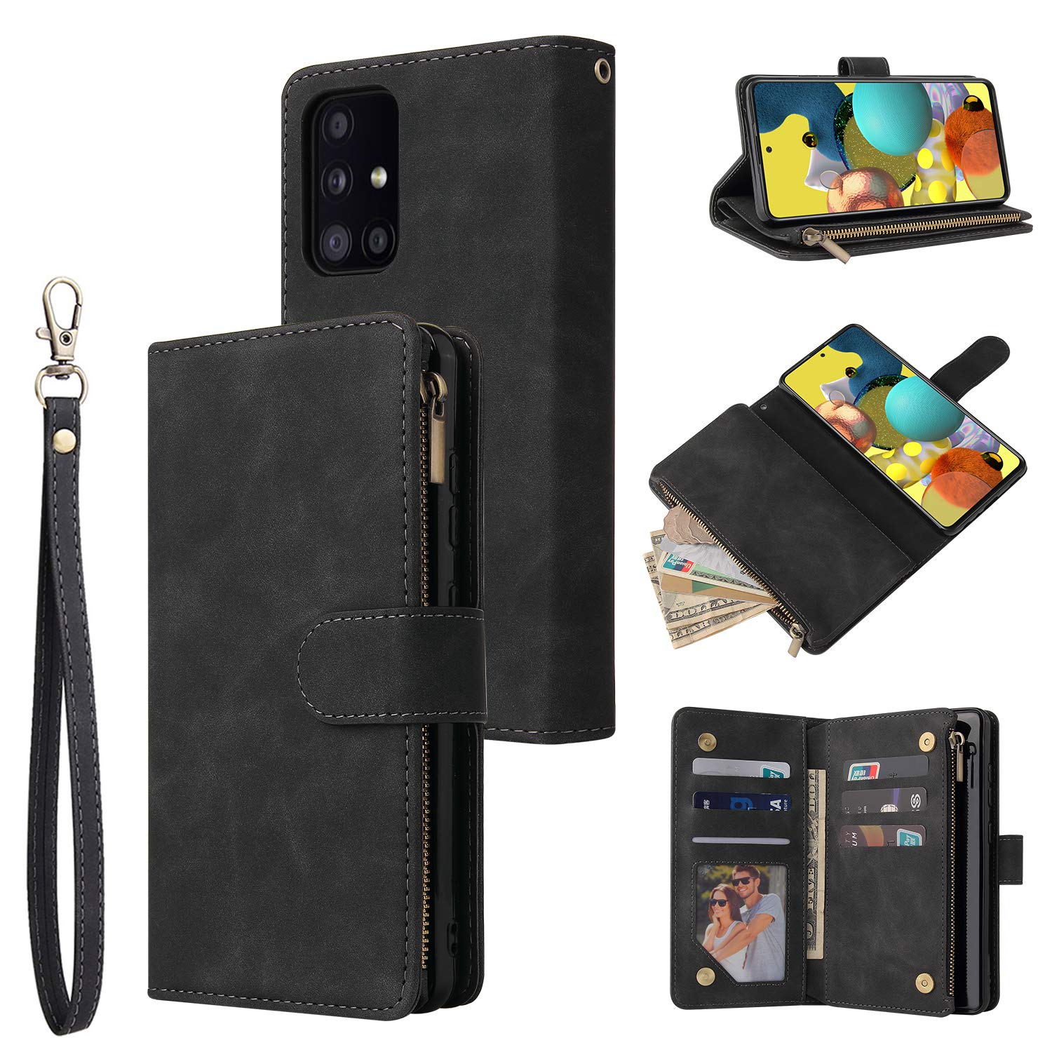 UEEBAI Wallet Case for Samsung Galaxy A51, Premium Vintage PU Leather Magnetic Closure Handbag Zipper Pocket Case Kickstand Card Holder Slots with Wrist Strap TPU Shockproof Flip Cover - Black