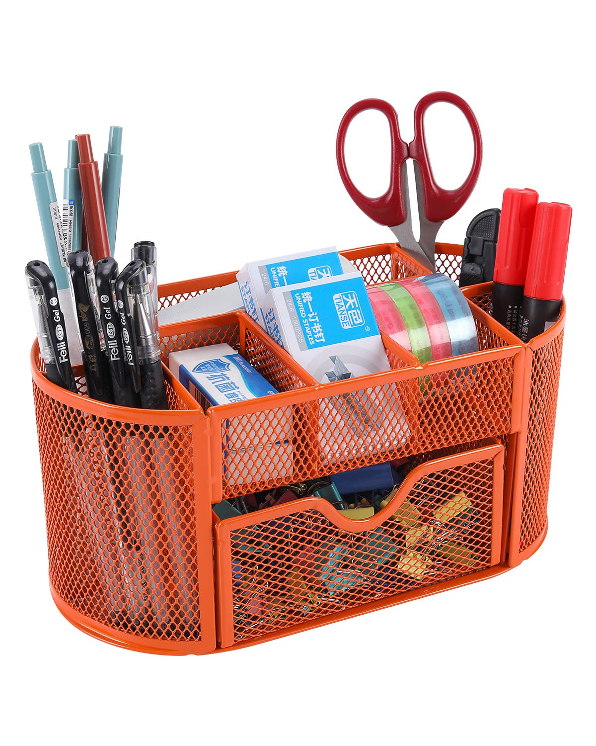 EasyPAG Office Mesh Desk Tidy Versatile Stationery Storage Desktop Organiser Pen Holder with Drawer,Orange