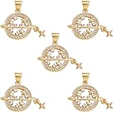 COGCHARGER 5 Pieces Planet Brass Charm Cubic Zirconia Pendants Flat Round with Star Charm Pendant for Jewelry Necklace Bracelet Earring Making