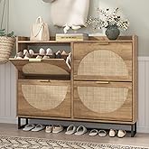 Maupvit Large Rattan Shoe Storage Cabinet with 4 Flip Drawers, Freestanding Shoe Organizer with Metal Legs for Entryway, Hidd