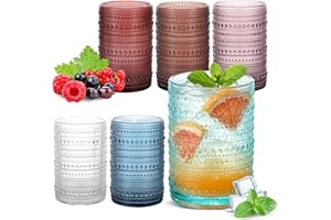 TranRantic Vintage Hobnail Drinking Glasses Set of 6, 15oz Embossed Glass Tumblers for Water, Beer, Juice – Retro Colored Kit