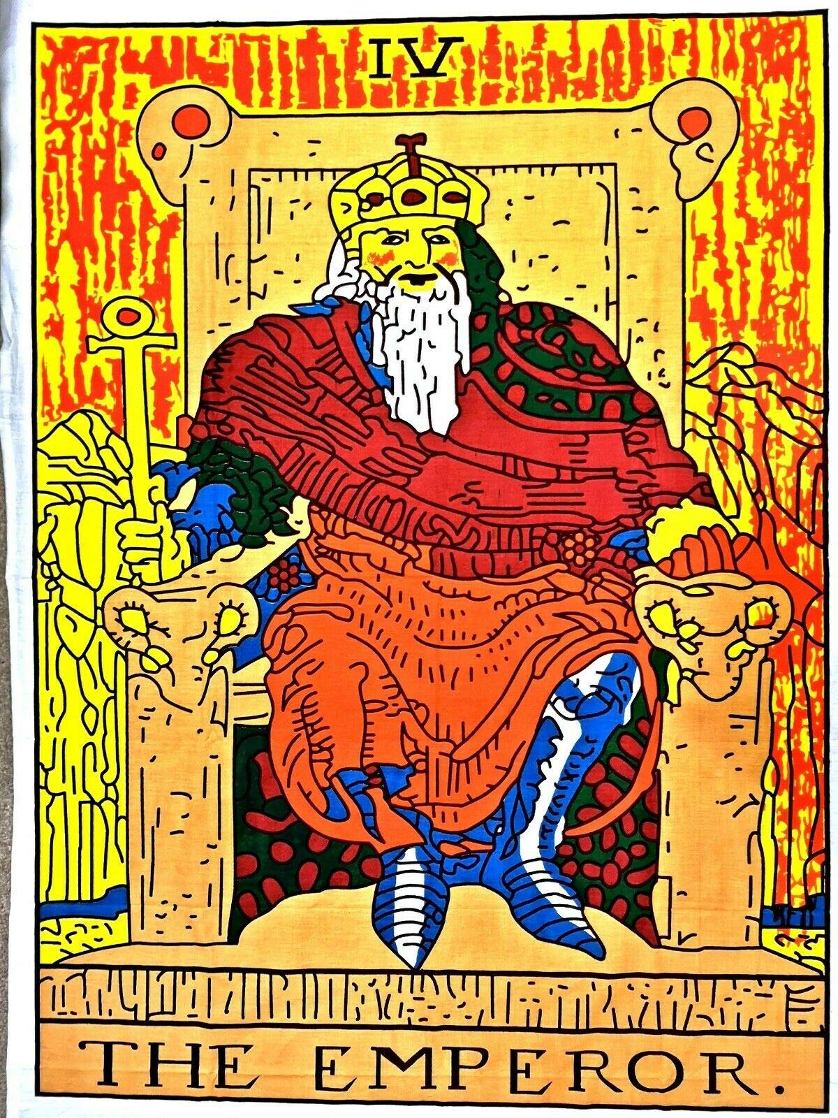 Indian Consigners Tarot Wall Tapestry – The Emperor Design – Small Cotton Hanging Banner for Tarot Enthusiasts, Spiritual Decor & Altar Use – Bold Printed Art for Boho & Mystic Interiors