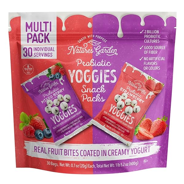 NATURE’S GARDEN PROBIOTIC YOGGIES MULTI PACK, 21OZ (STRAWBERRY YOGGIES 15X0.7 OZ +MIXED BERRY YOGGIES 15X0.7 OZ), STRAWBERRY AND MIXED BERRY YOGURT COVERED SNACK, HIGH FIBER, REAL FRUIT PIECES, NO ARTIFICIAL INGREDIENTS, HEALTHY SNACK FOR ADULTS