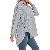 Women Boyfriend Oversized Striped Button Down Shirts Long Sleeve Blouse Collared Office Work Top Shirt Casual Dressy