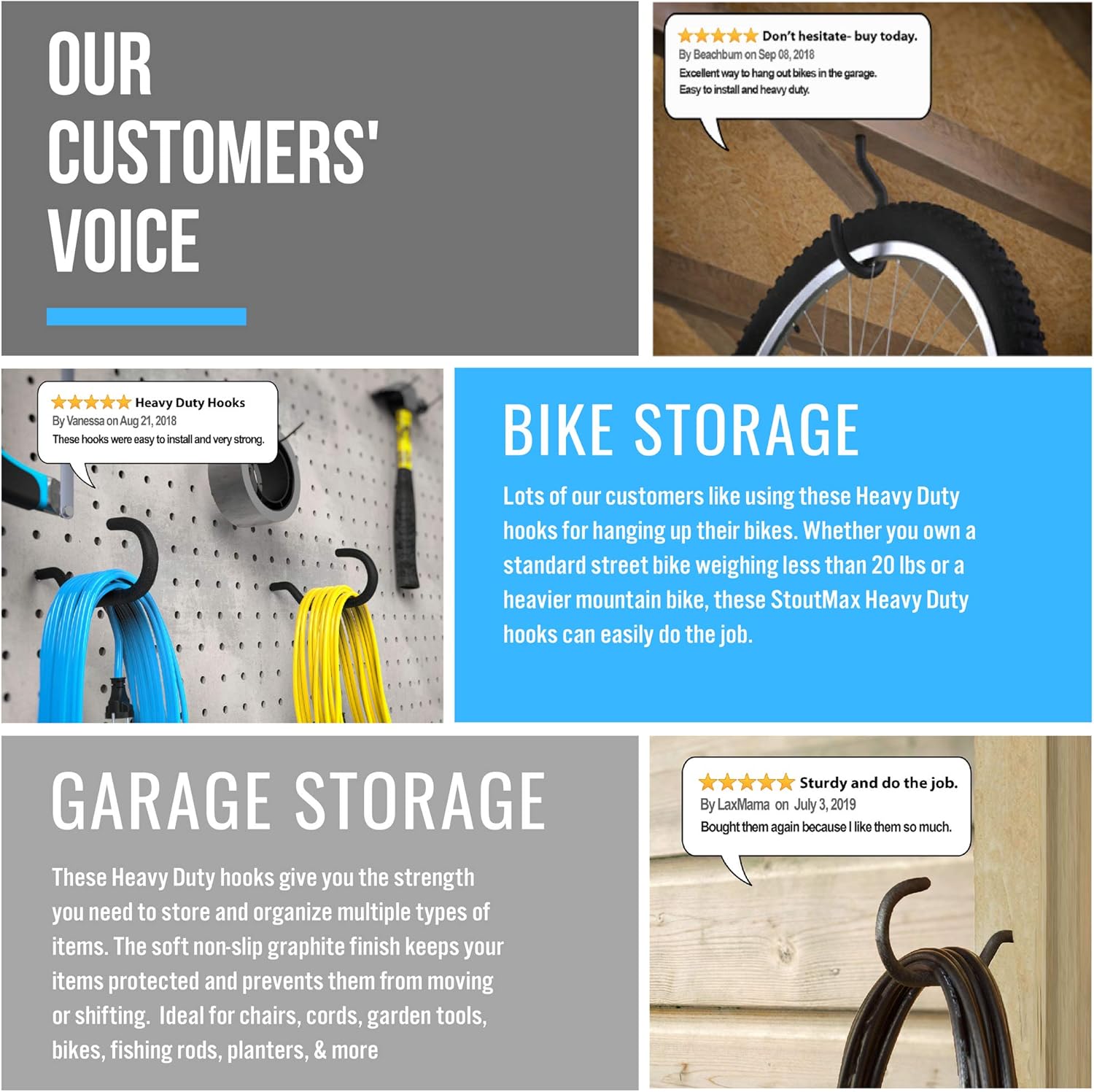 StoutMax Heavy Duty Bike Storage Hooks Set, 8 Pack: Office Products