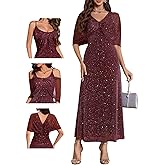 BeryLove Women Sequin Formal Party Dress Sparkly Cocktail Evening Prom Gown Wedding Guest Dresses with Shawl 0033 Burgundy L