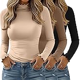 Velvelhall 3 Pack Women's Mock Turtleneck Tops Long Sleeve Lettuce Trim Shirts Ruffle Neck Slim Fit Casual Tight Layer